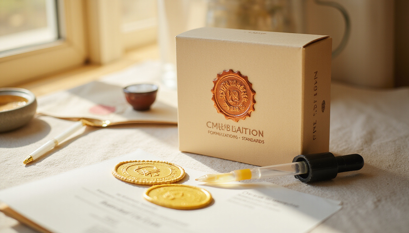  Minimalist luxury packaging, embossed seals, formulation standards certificate, microscope, droppers, soft natural light