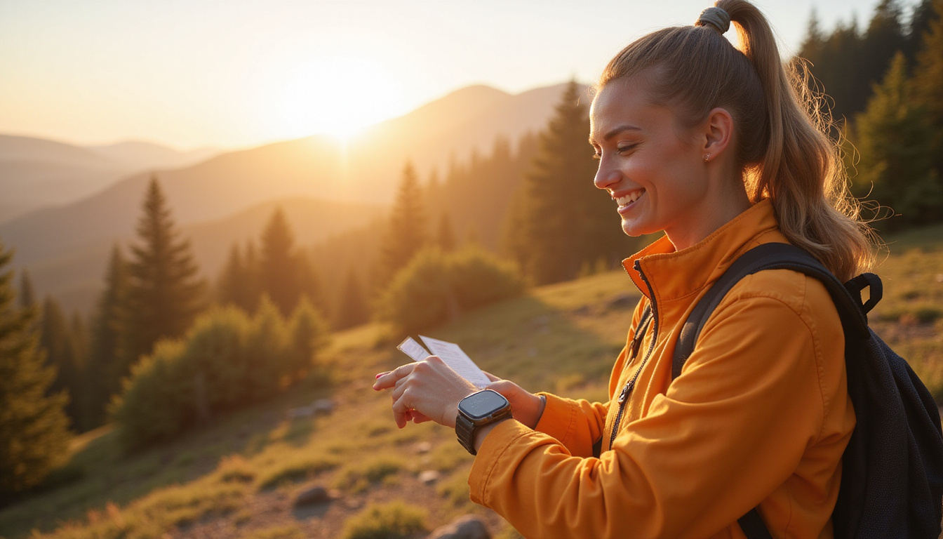 Smiling active woman checking smartwatch, hiking trail sunlight, scale and recipe cards in foreground