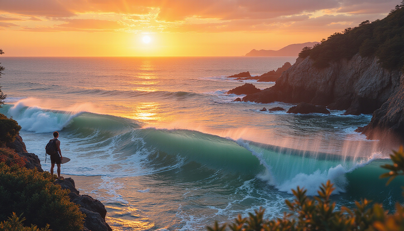  Secret cove surf forecast map overlay, adventurous backpacker watching rolling emerald barrels at sunset