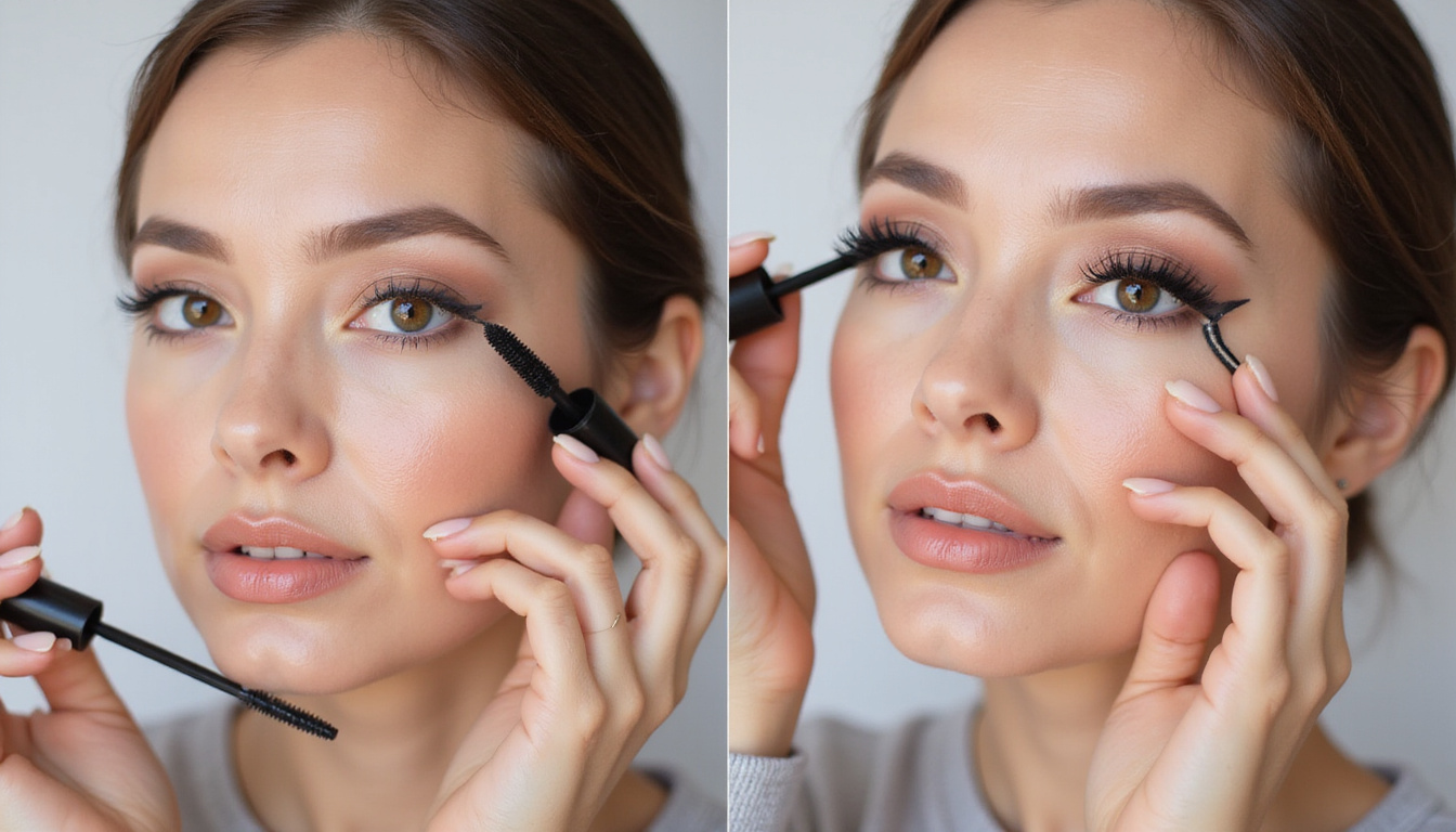 Professional makeup artist demonstrating volumizing mascara technique, before-and-after split, glossy separated lashes