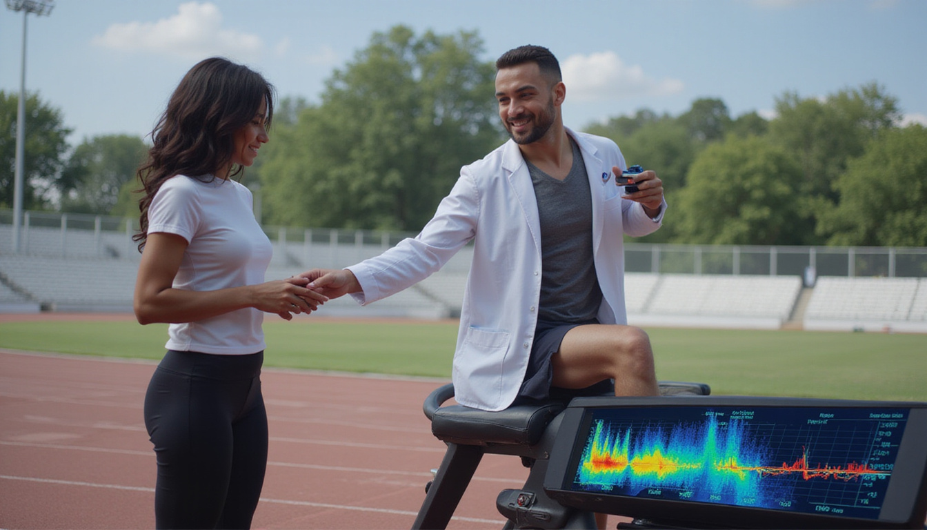  Sport physiotherapist adjusting stride on track, forceplate heatmap, speed lines, relieved smiling athlete