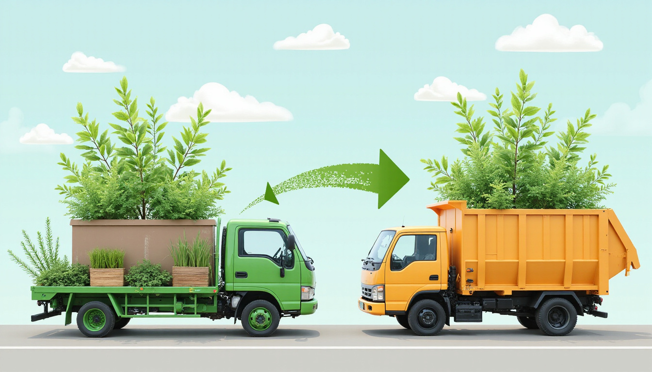 Community rooftop composting, solar-powered collection trucks, vibrant green arrows showing circular economy