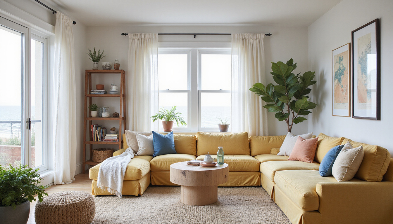 Before-and-after interior: cluttered living room transformed into serene, organized home with coastal light