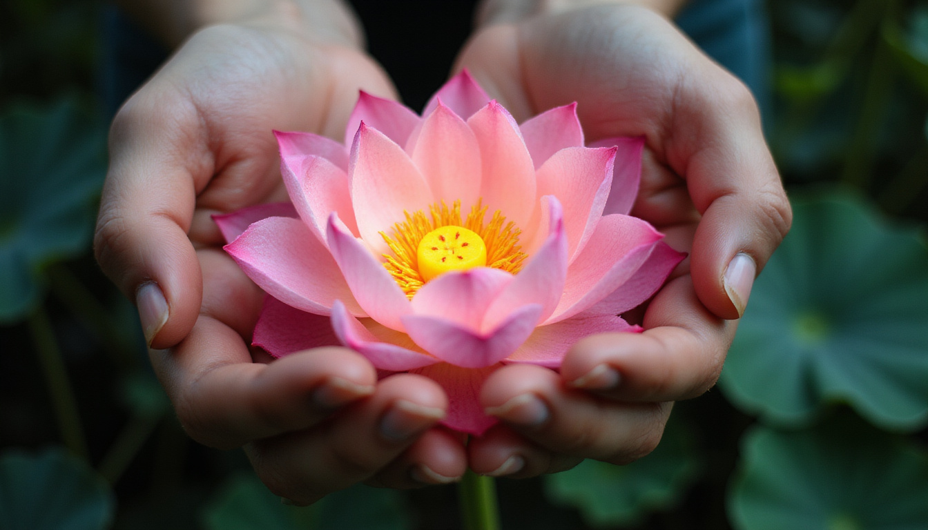  Everyday hands planting seeds of light, faces transform into blooming lotus, luminous metamorphosis