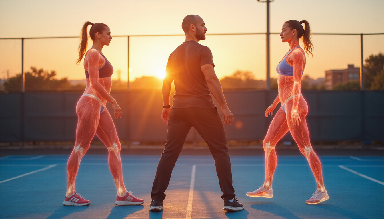  Coach demonstrating lateral band walks and rotational core drills with translucent muscle overlays, sunset court