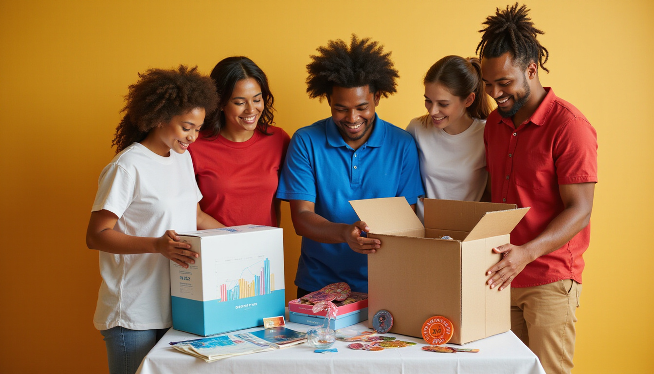  Diverse smiling customers unboxing personalized apparel, loyalty badges, glowing upward charts, vibrant packaging