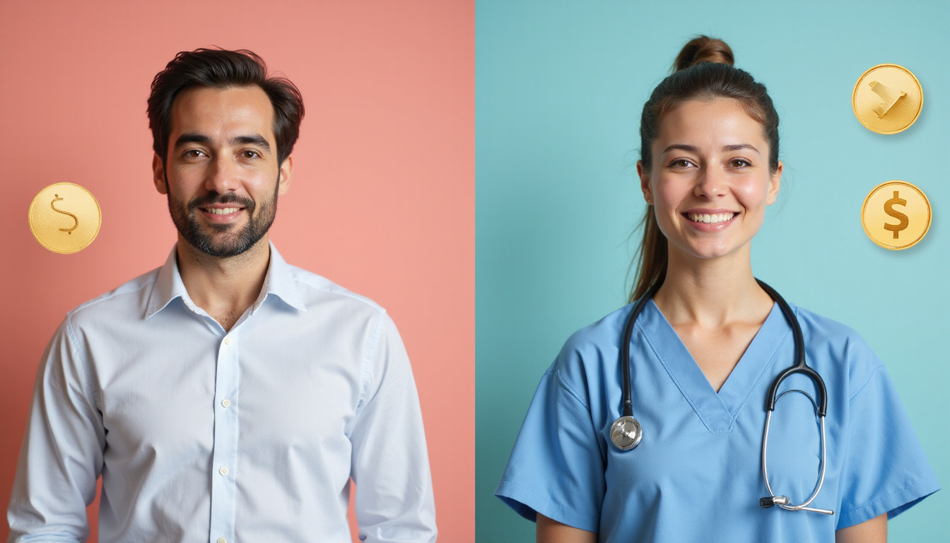 Split-screen before-after recovery: reduced pain icons, saving coins, calm patient smiling, clean minimalist style