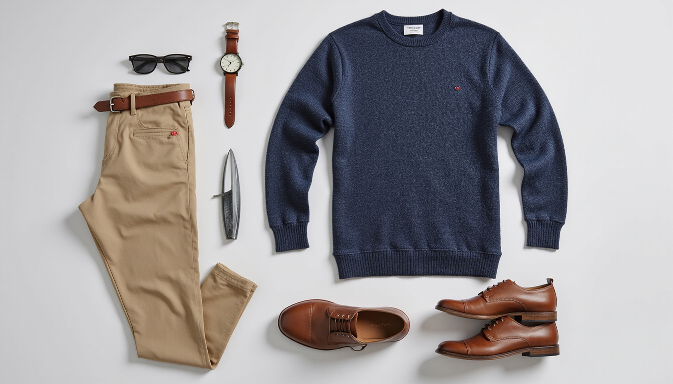  Flat lay smart-casual outfit rules: chinos, knit sweater, leather belt, watch, minimalist accessories, neutral background