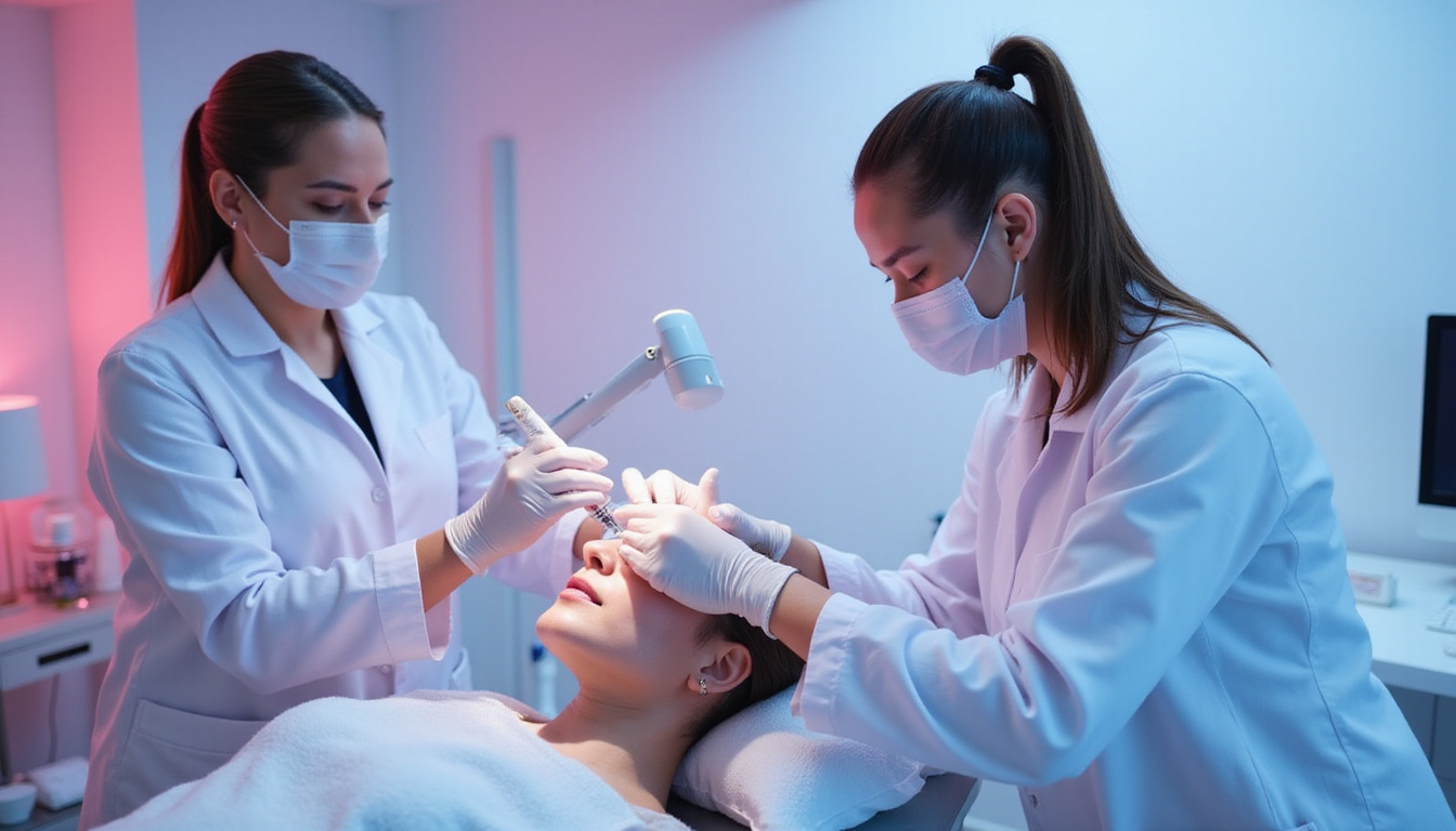  Clinical scene: dermatologist administering microneedling and PRP, patient relaxed, futuristic medical equipment