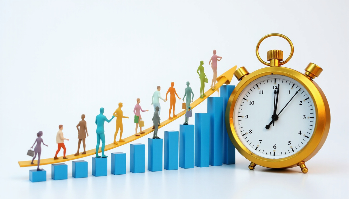 High-speed growth chart morphing users into subscribers, stopwatch, sleek corporate blue and gold