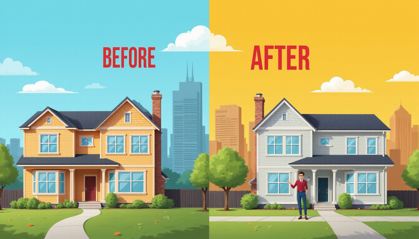  Renovated house before-and-after split view, ROI numbers hovering, expert pointing, urban skyline