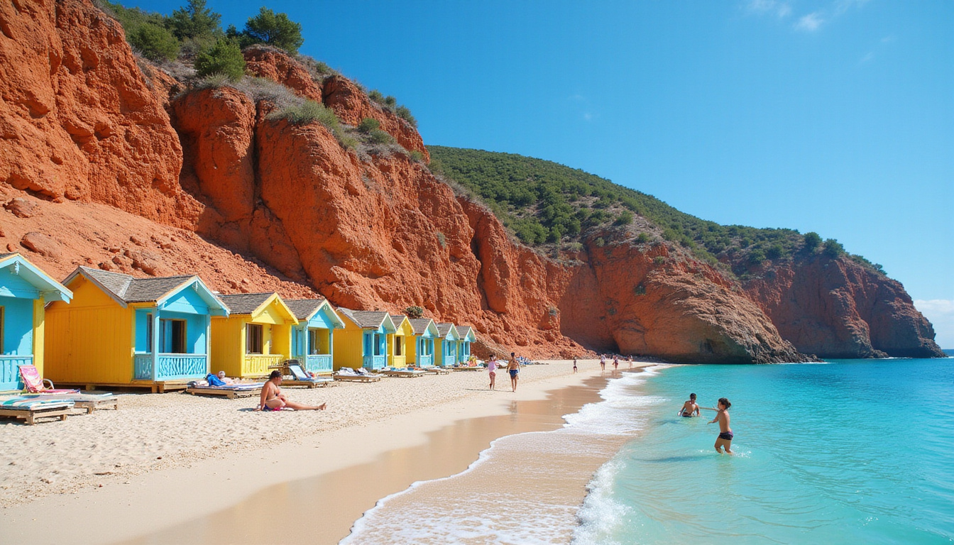  Vibrant budget beach hotels, colorful cabins, families playing, shallow turquoise water, rugged red cliffs