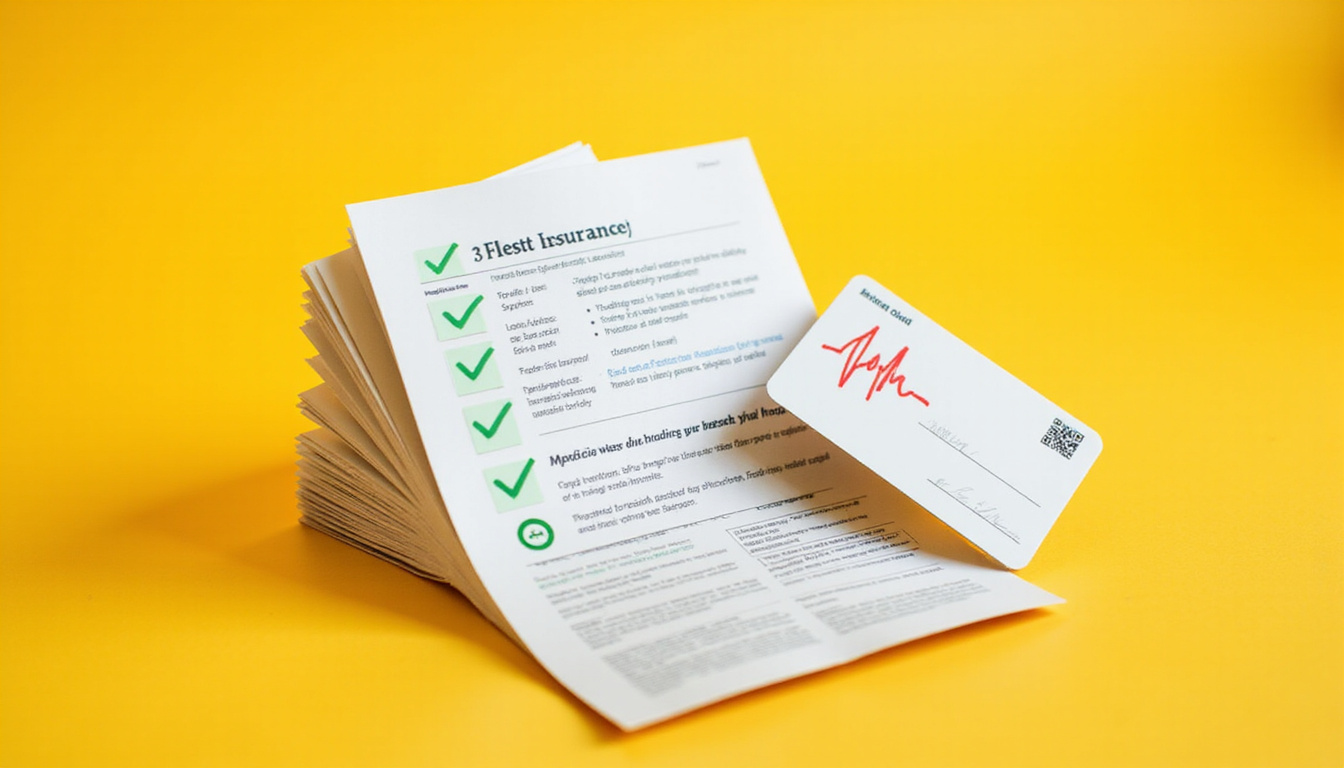  Stack of medical forms and insurance card with green checkmarks, fast coverage concept infographic