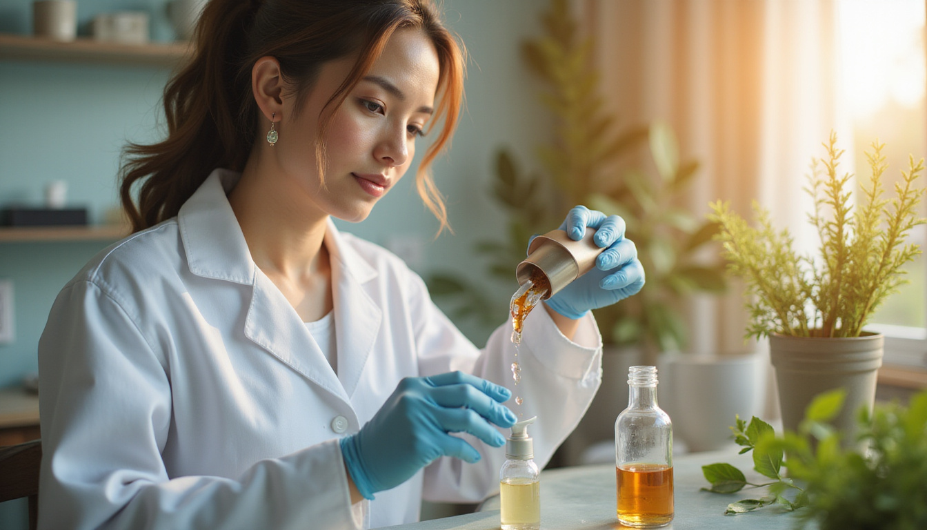  Scientist formulating luxury serum in minimalist eco-lab, botanical extracts, certification seals, warm glow