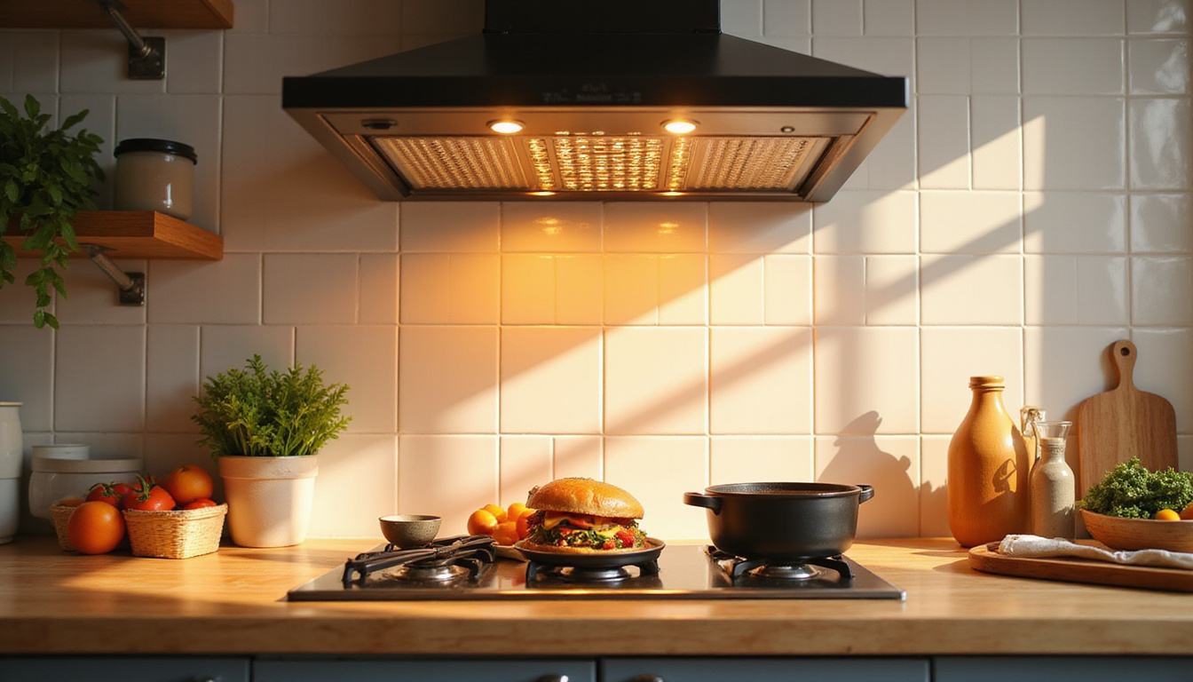  Cozy home cook using silent hood, illuminated filters, clean ductwork, sunlit tiled kitchen