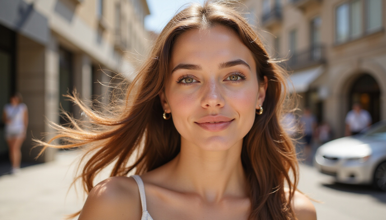  Diverse models outdoors, sunlit city, invisible SPF shield overlay, natural flawless makeup