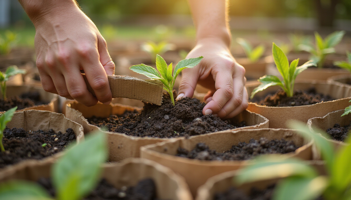 Close-up hands weaving corrugated cardboard into compostable garden beds, soil, seedlings, morning light
