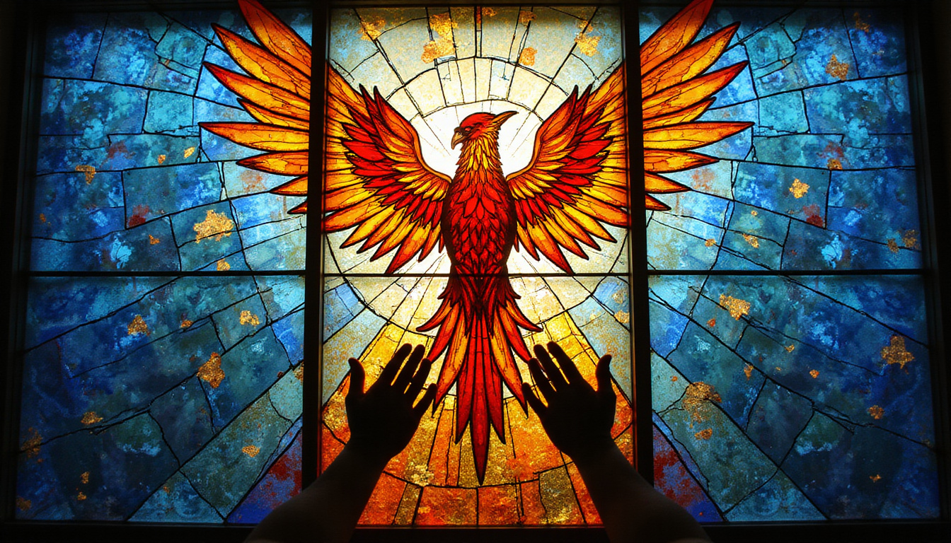 Cracked stained-glass window mended with colorful mosaic, phoenix silhouette rising, supportive hands reaching