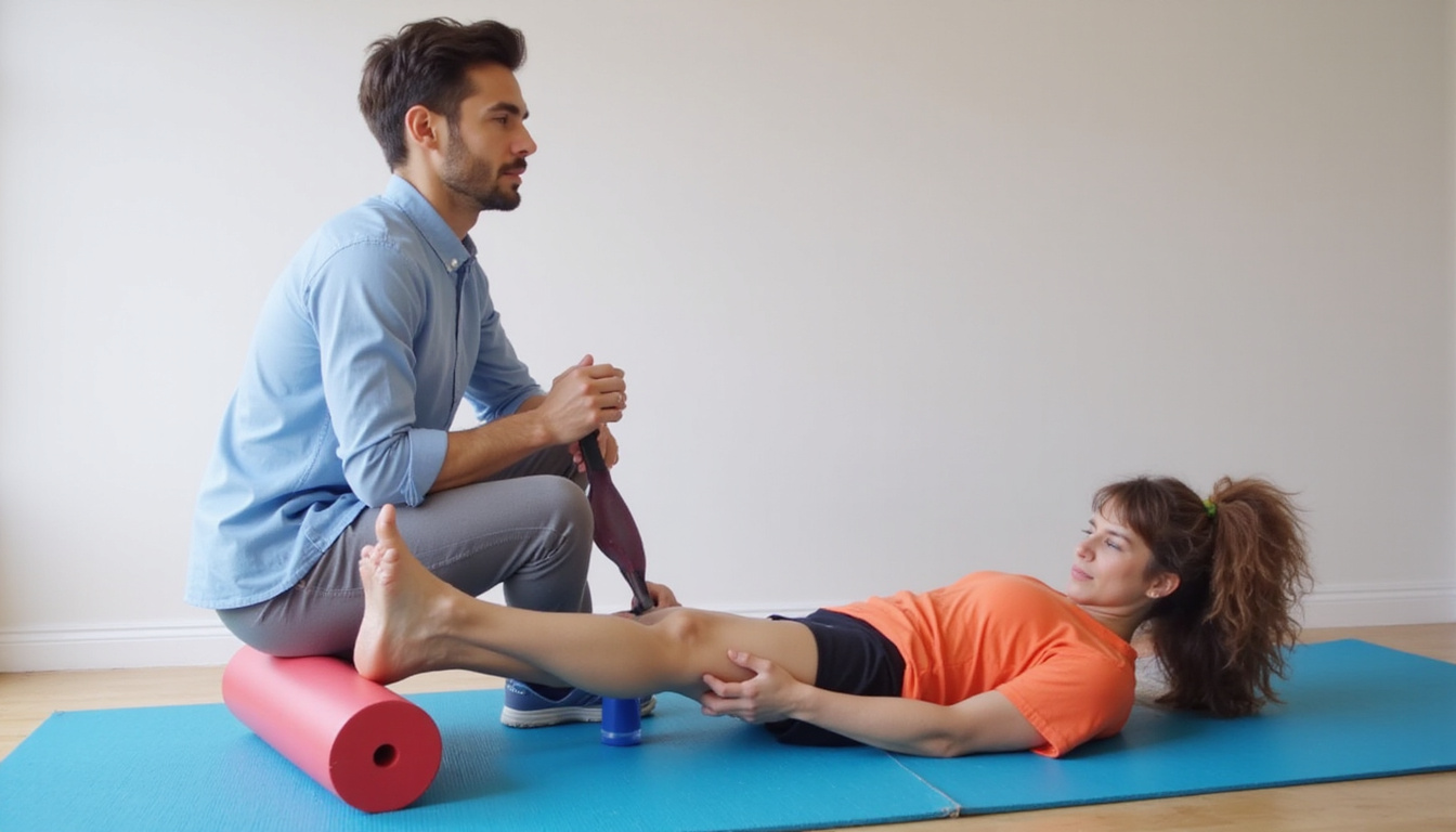  Physiotherapist guiding recovery hacks: foam roller, resistance band, ice pack, focused wrist stretches