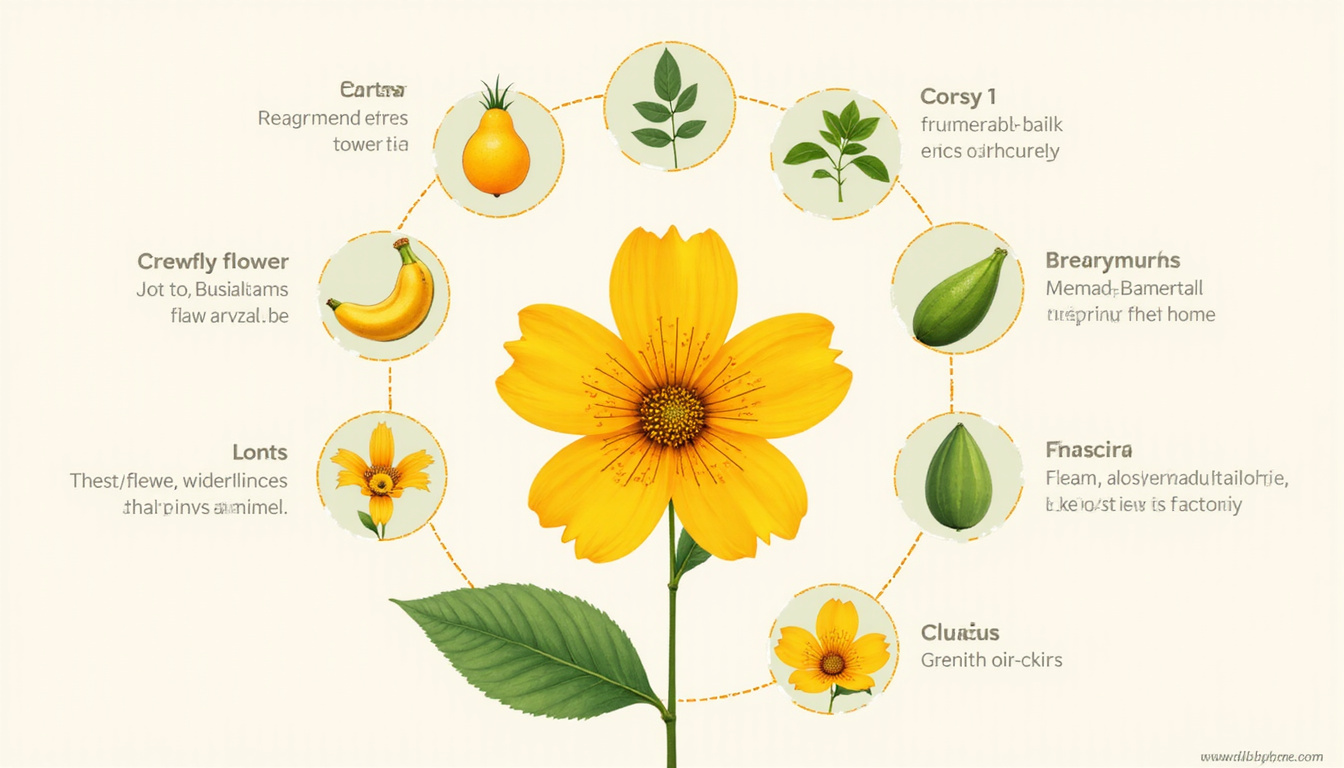  Scientific illustration: benefits and side effects icons around primrose flower, clean medical style