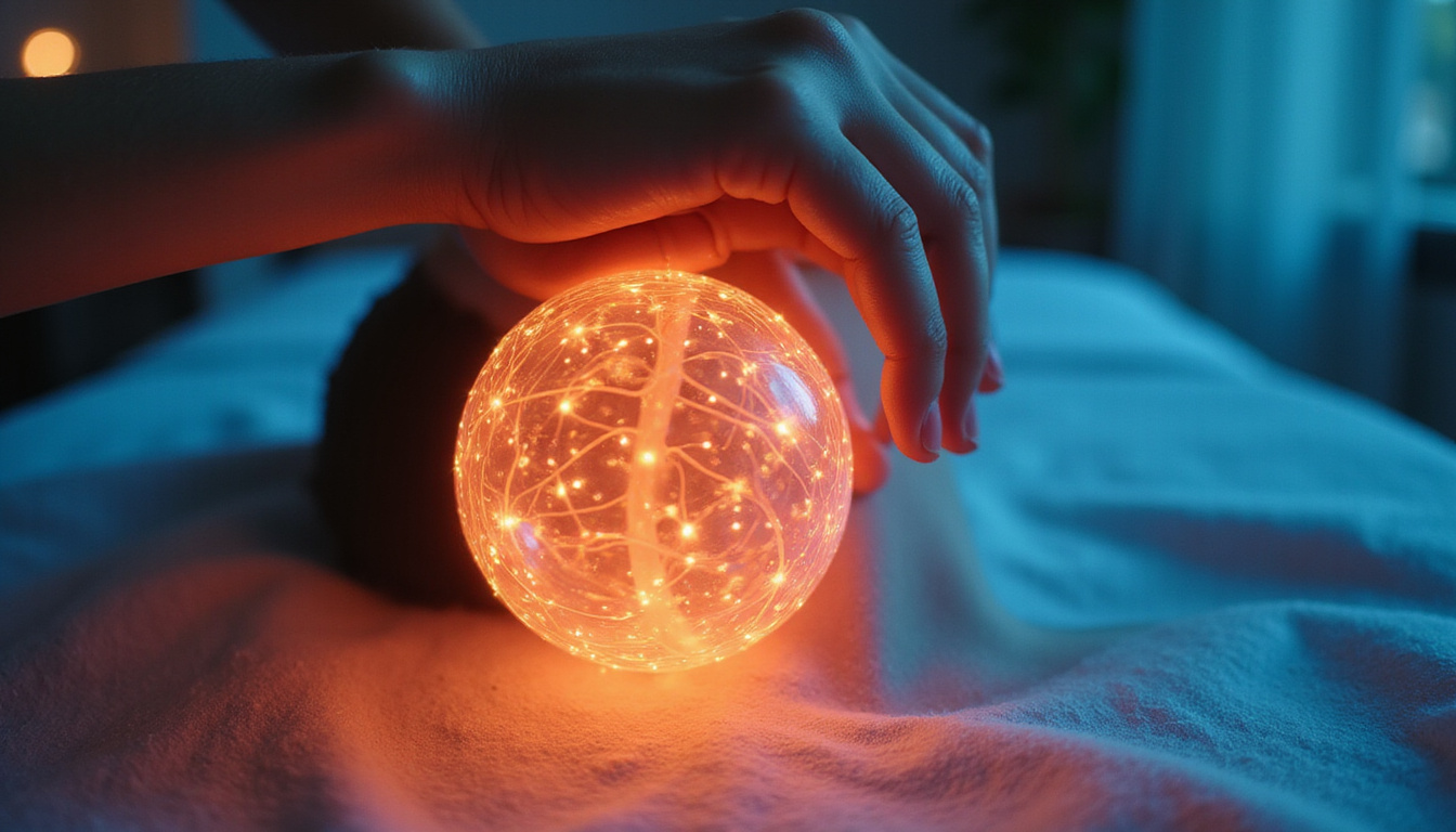 Close-up massage ball against neck, translucent anatomical fascia lines glowing, serene studio atmosphere