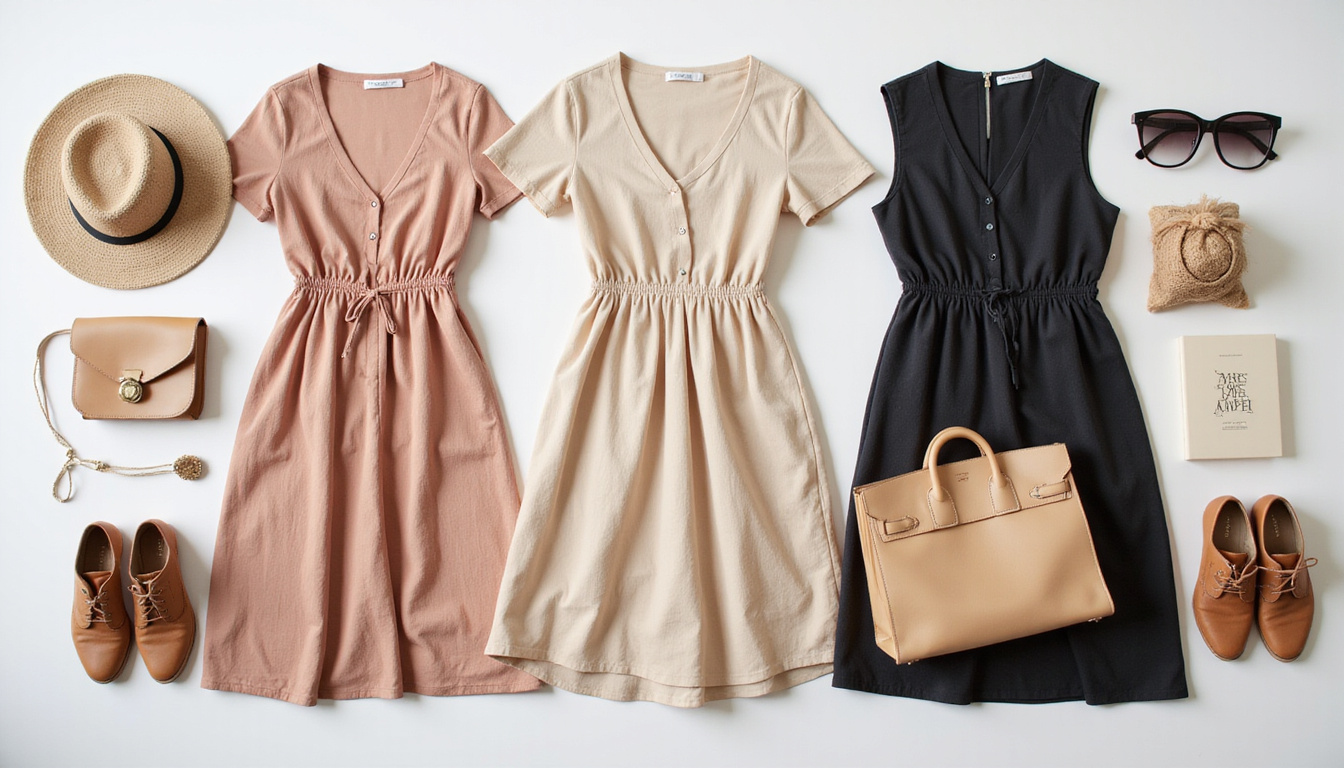  Stylish flat lay of midi dress outfits, accessories, textures, neutral palette, minimalist editorial aesthetic