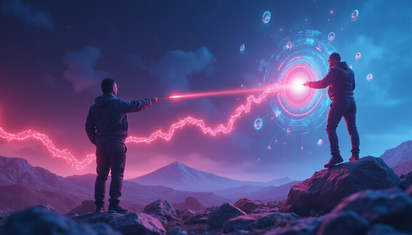 Sales team on digital battlefield firing targeted ad arrows at glowing customer avatars, upward graphs