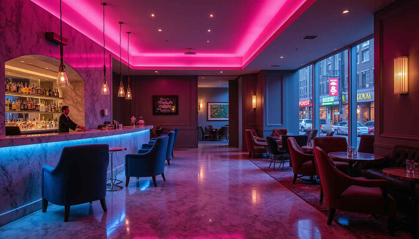  Concierge revealing secret upgrade voucher beside marble lobby bar, velvet armchairs, glowing neon streets