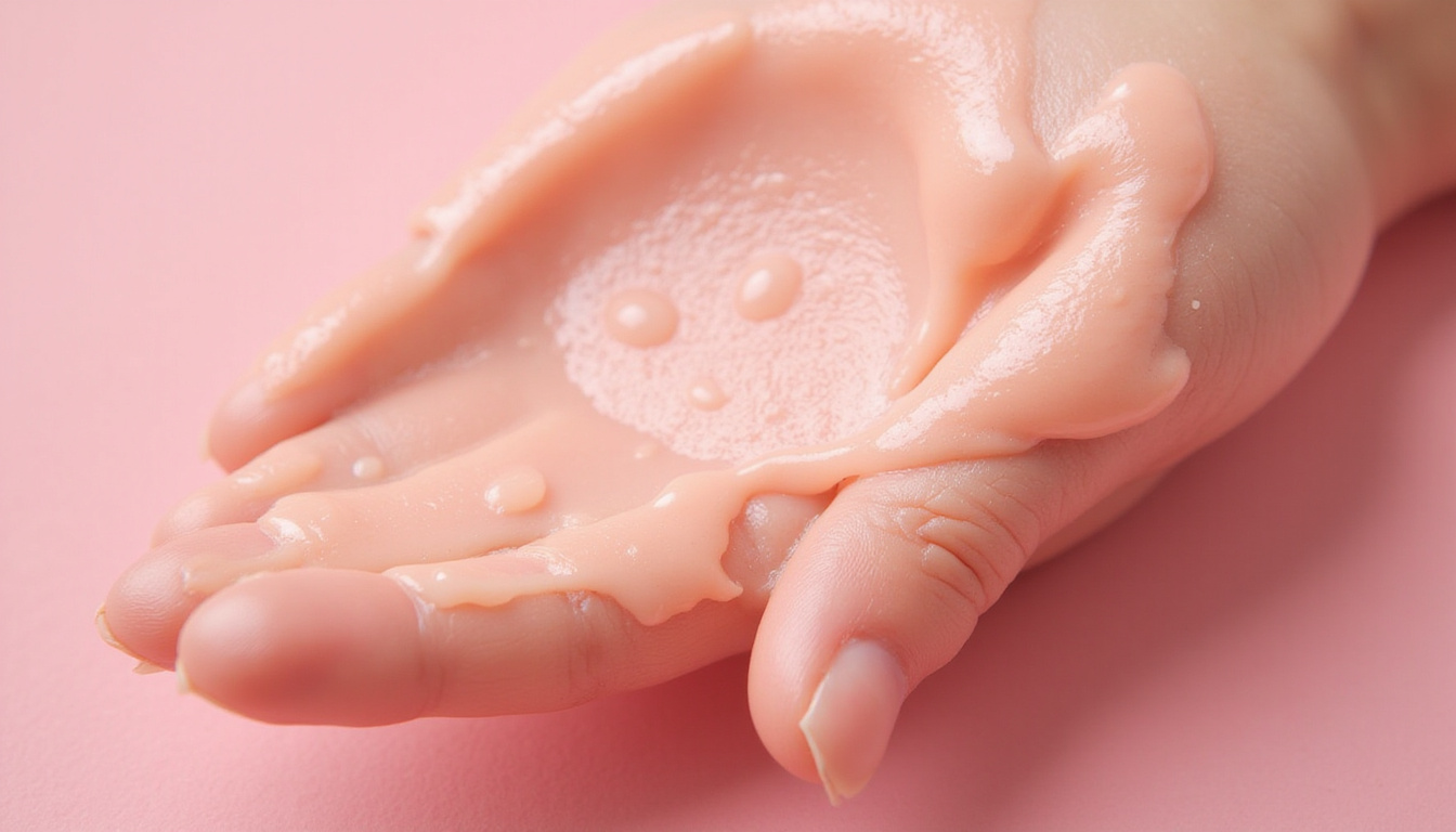  Close-up texture smear on fingertips, satin cream, rosehip oil droplets, luxury spa ambiance