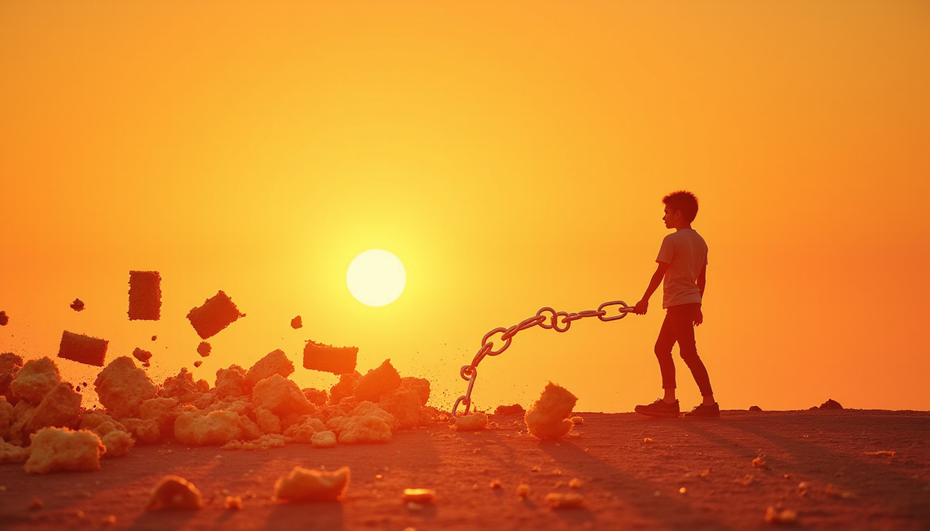  Broken chain of junk food pieces falling away, liberated silhouette walking toward warm horizon