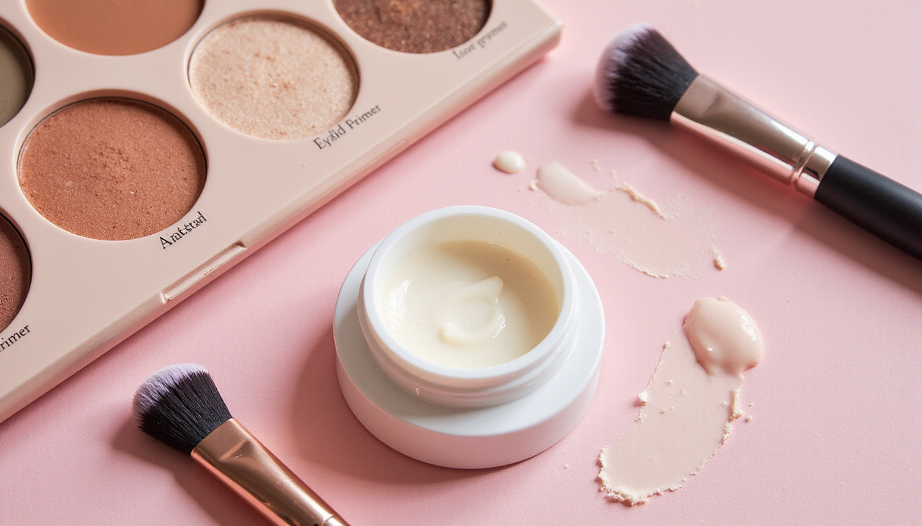  Flat lay cosmetics: open eyelid primer pot, neutral eyeshadow pans, precision brushes, swatches, elegant packaging