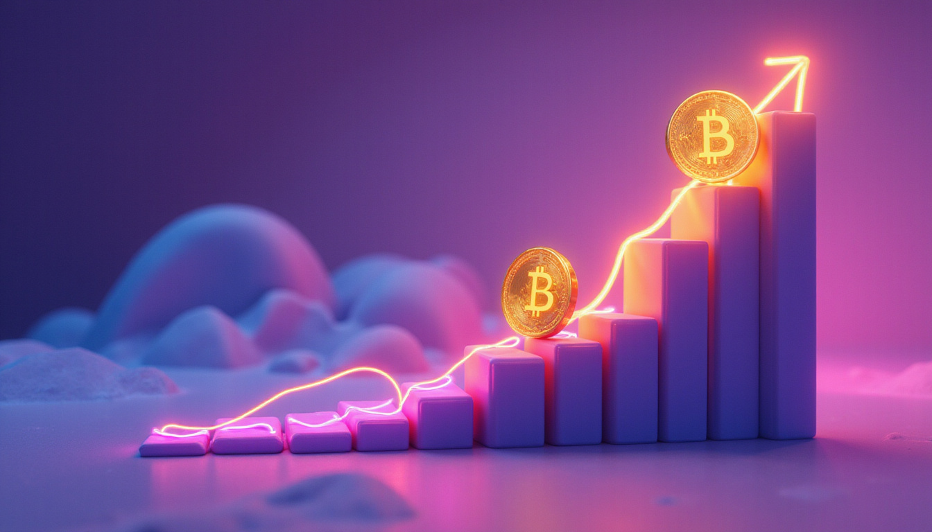  3D rendered blockchain economy, token supply rising the curve, neon gradients, explanatory labels