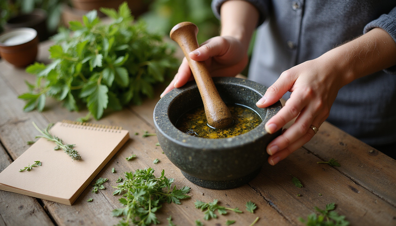 Hands making herbal tea with mortar and pestle, fresh herbs, notebook, warm light
