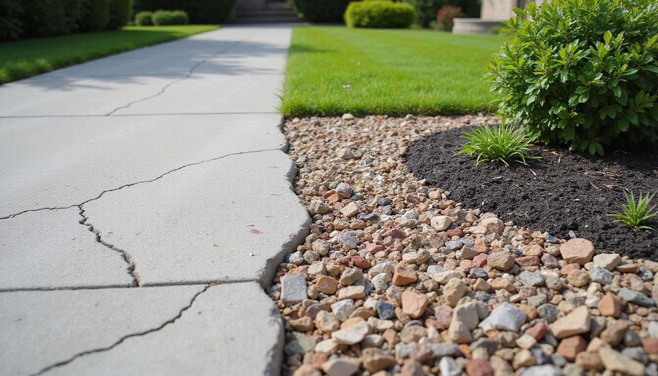 Before-and-after split image: cracked concrete transformed into landscaped garden, rubble neatly piled