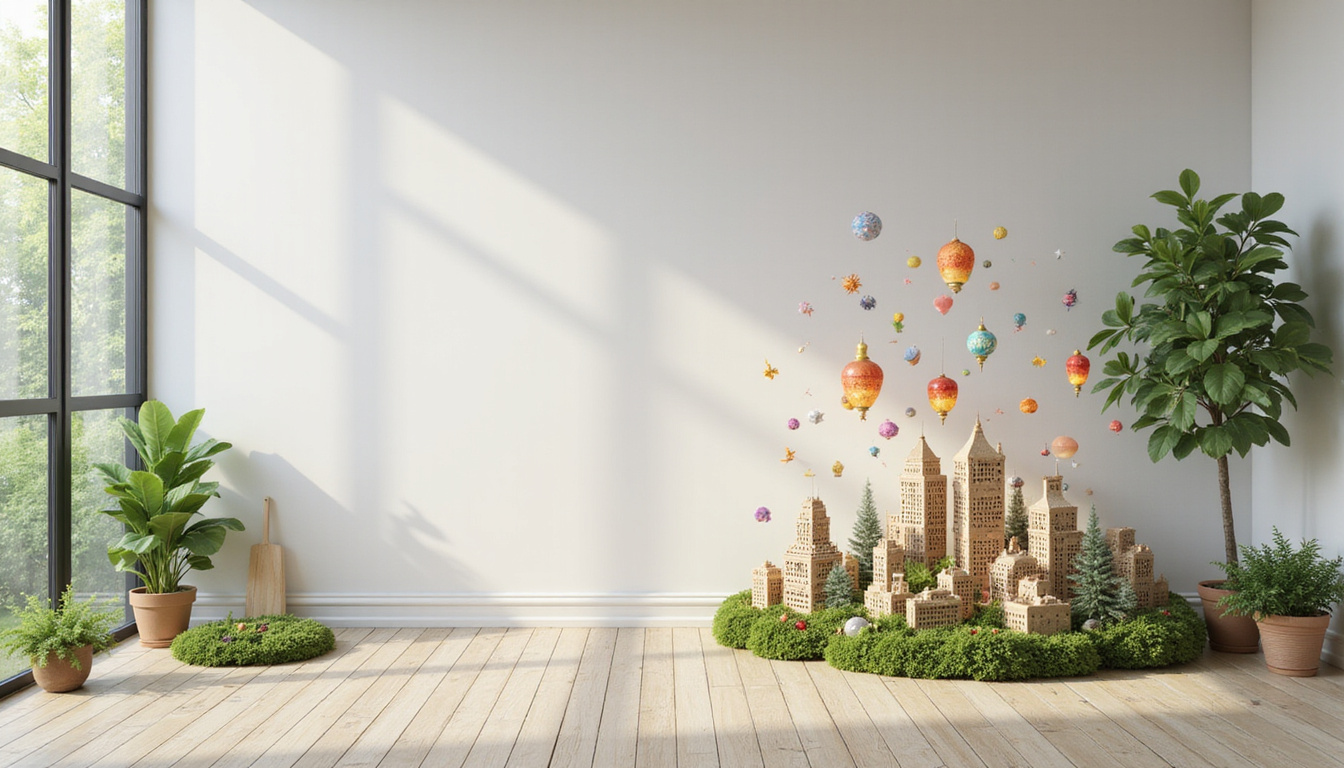 Empty room where negative space sprouts tiny cities, plants, lanterns, colorful floating memories