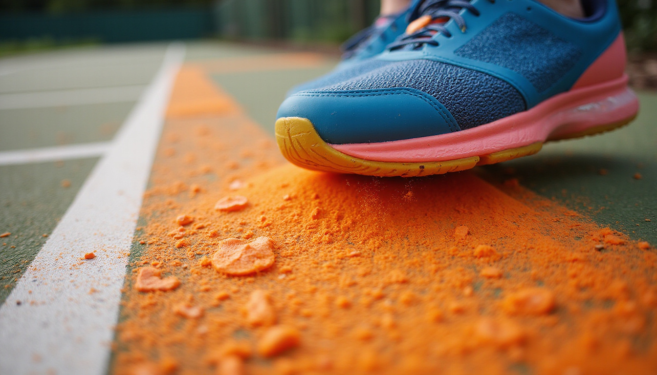  Macro shot of shoe tread gripping polymerized pickleball surface, speed-blur motion, skid marks