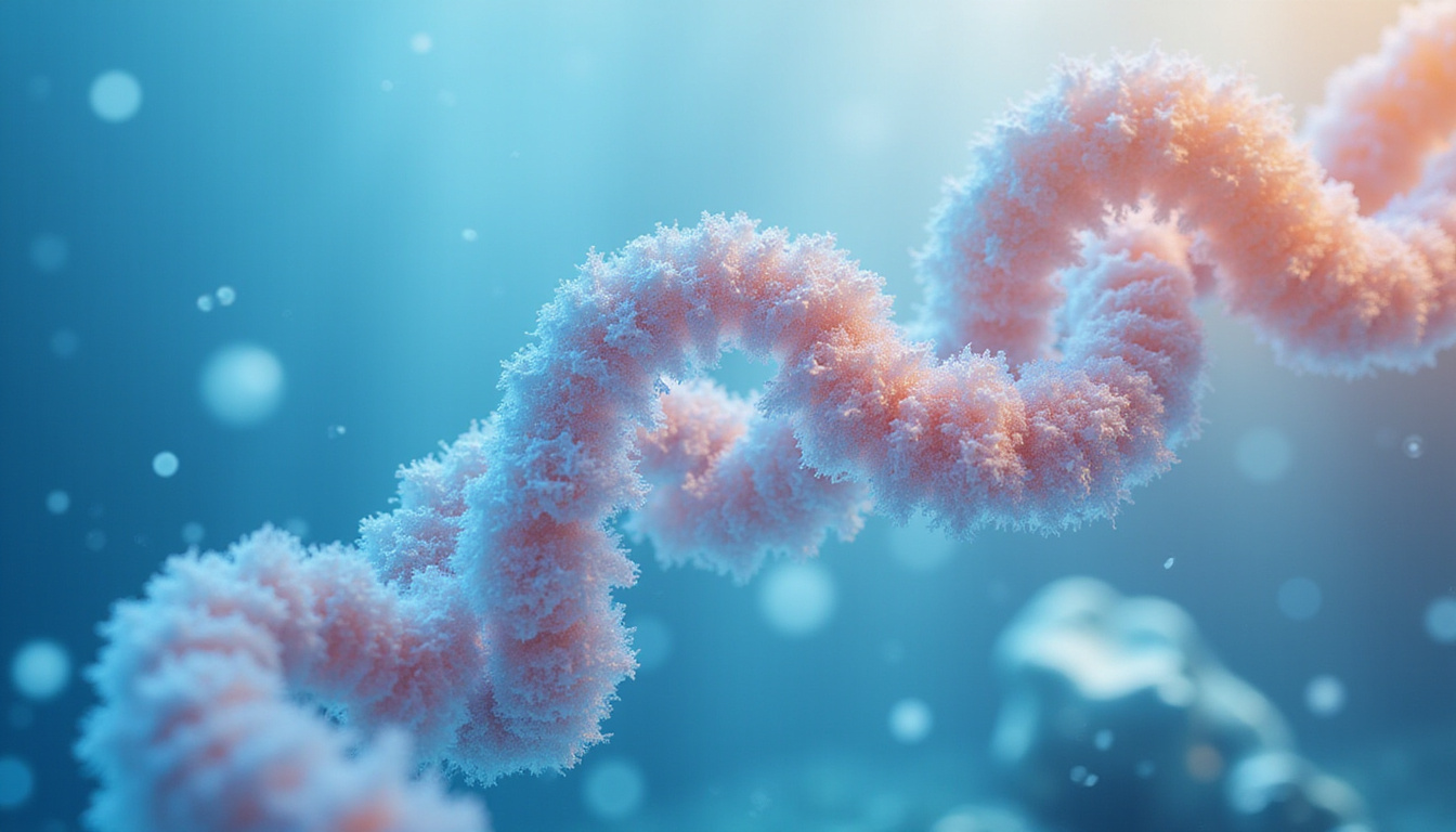  Marine collagen molecules transforming into silk ribbon joints and youthful skin, blue ocean background