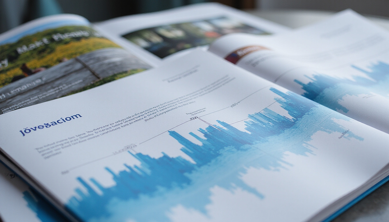  High-efficiency print factory panorama, stacked flawless brochures, cost-saving graph overlay, blueprint aesthetic, cool tones