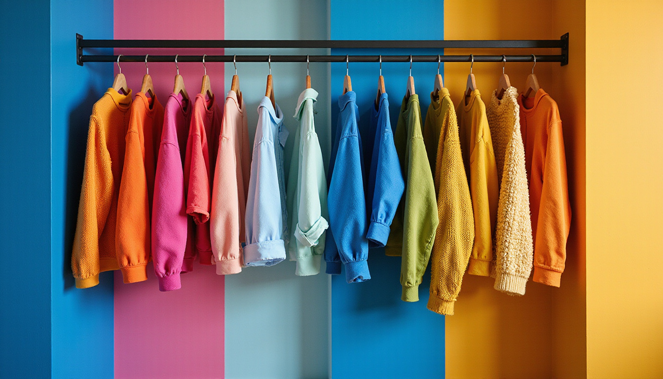 Closet transformation flatlay: organized garments grouped by saturated blocks of cobalt, fuchsia, mustard