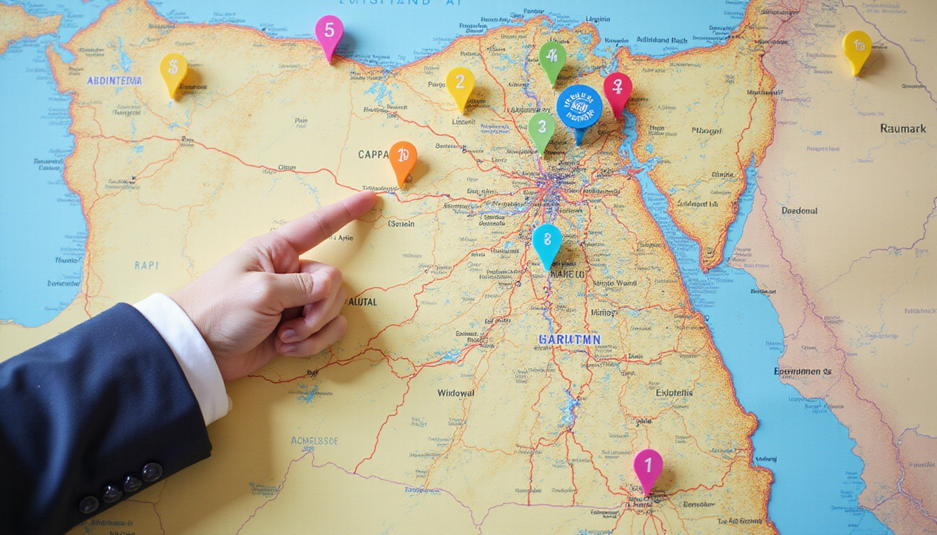  Real estate agent pointing at map of prime Egyptian neighborhoods, budget stickers, negotiation scene