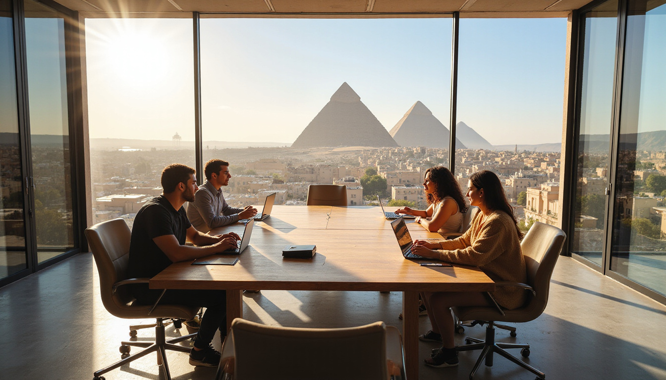 Sunlit rooftop boardroom overlooking Giza Pyramids, glass walls, teak table, tech-enabled, collaborative startup team