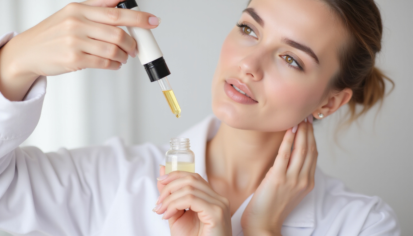  Scientist formulating serum: pipette, hyaluronic droplet, clinical lab, soft neutral palette, certification seals