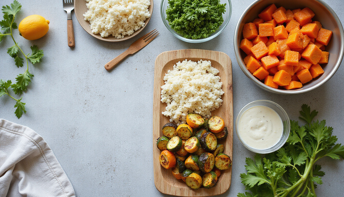 Overhead shot of busy kitchen counter, meal-prep hacks, roasted vegetables, cauliflower rice, timer