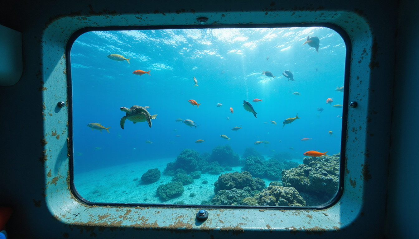 Underwater view through boat window, colorful fish, sea turtles gliding, safety lifejackets visible