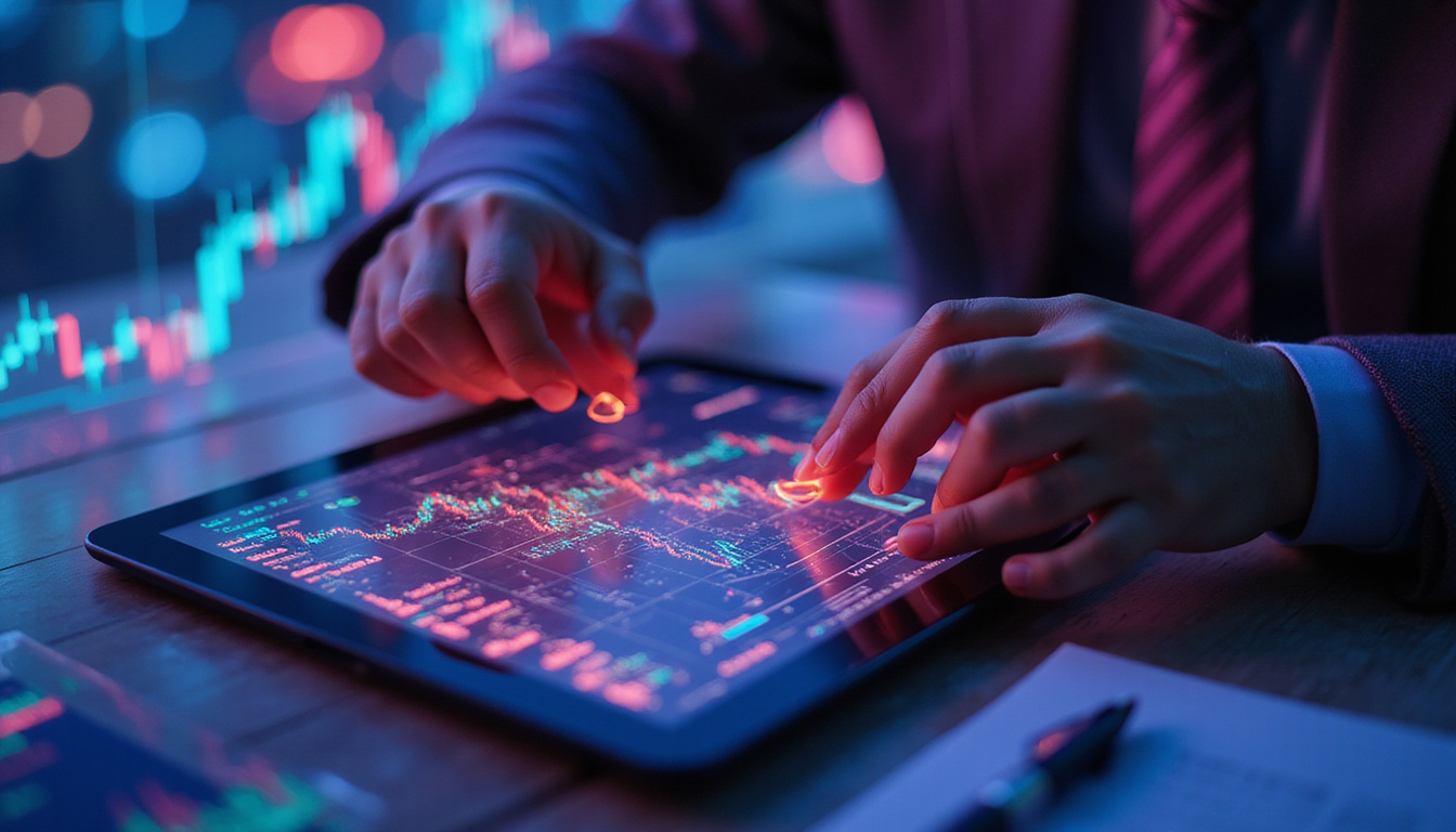  Professional investor analyzing neon candlestick charts, staking nodes and smart-contract diagrams on transparent tablet