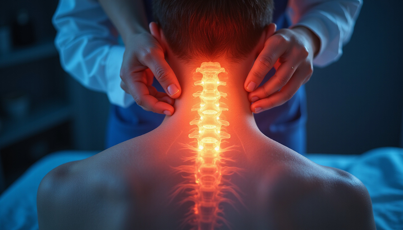 Anatomical cervical spine glowing overlay, comforting hands applying mobilization, warm medical aesthetics
