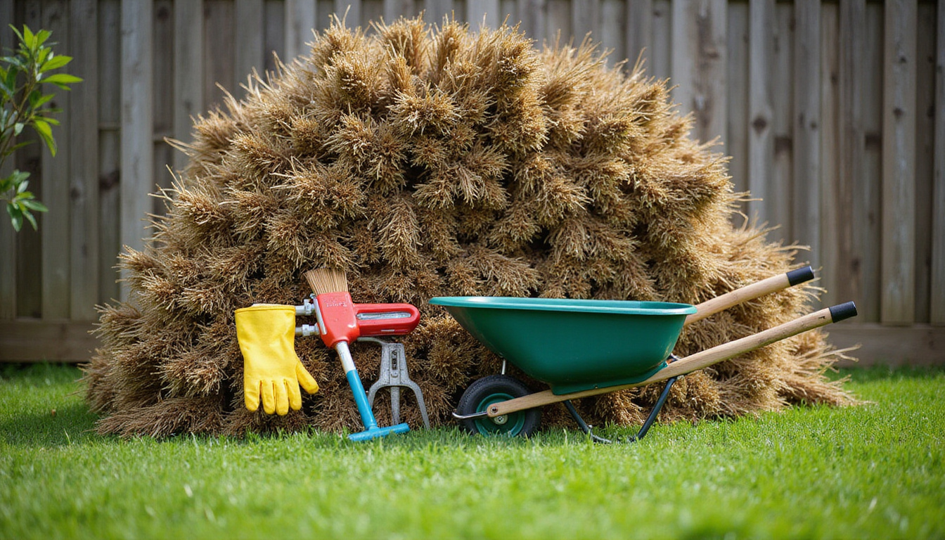  Organized pile of trimmed brush, wheelbarrow, gloves and tools neatly arranged, tidy cleared yard