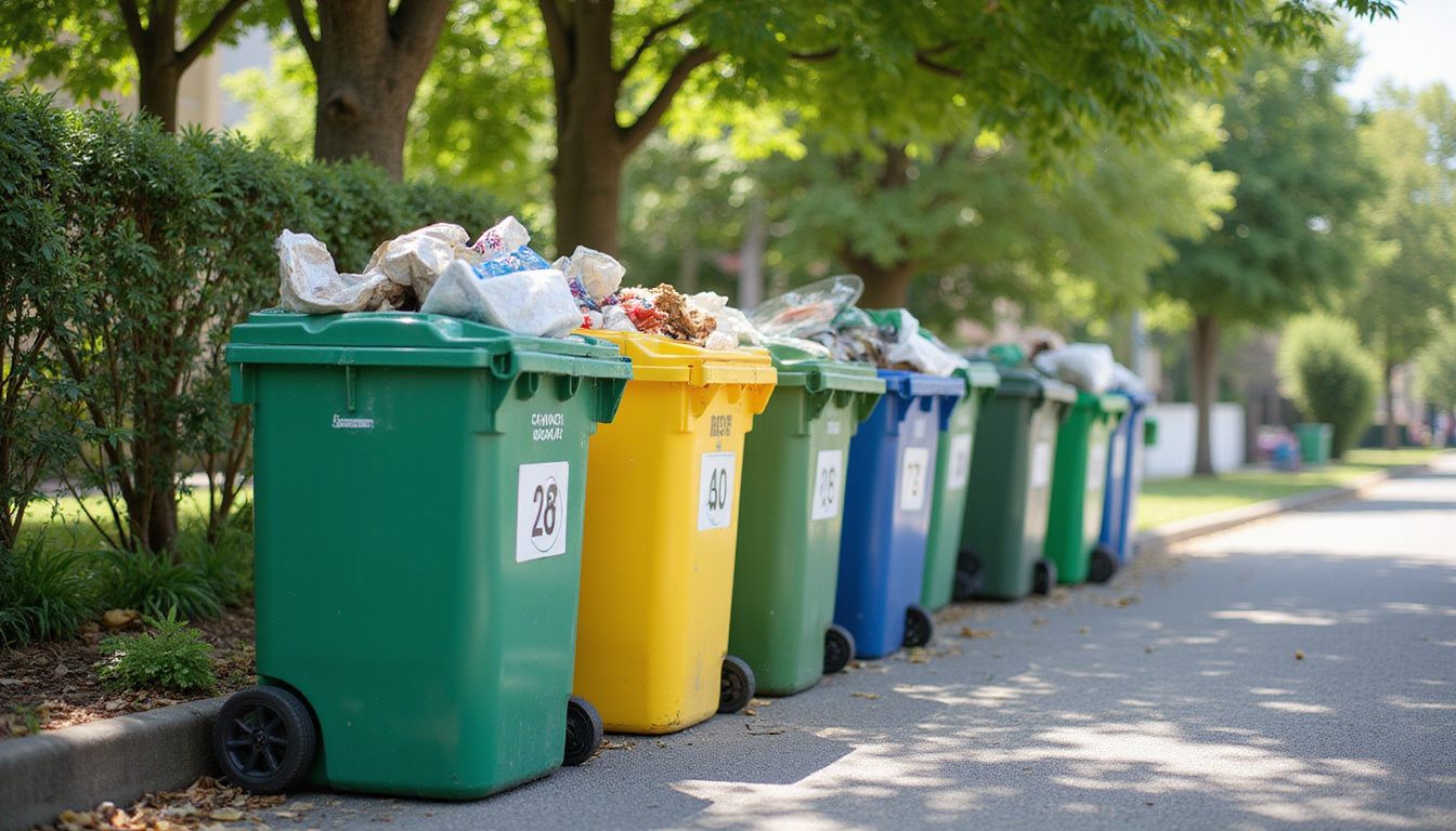 eco-friendly waste sorting, labeled bins, cost calculator overlay, clean suburban street, vibrant colors