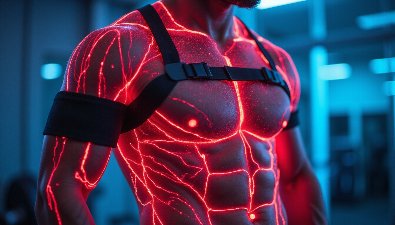  Close-up neon vascular glow beneath skin, tourniquet bands, futuristic gym infographic overlay