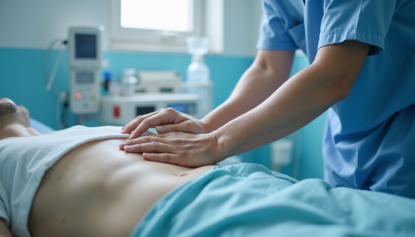  Close-up of therapist performing chest physiotherapy on sedated ICU patient, sterile environment, focused hands